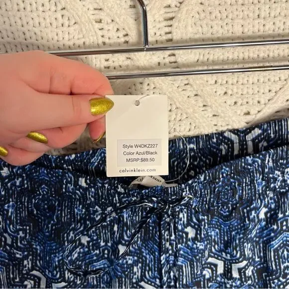 NWT CALVIN KLEIN | Blue Geometric Print Drawstring Satin Straight Leg Pants - Picture 7 of 8